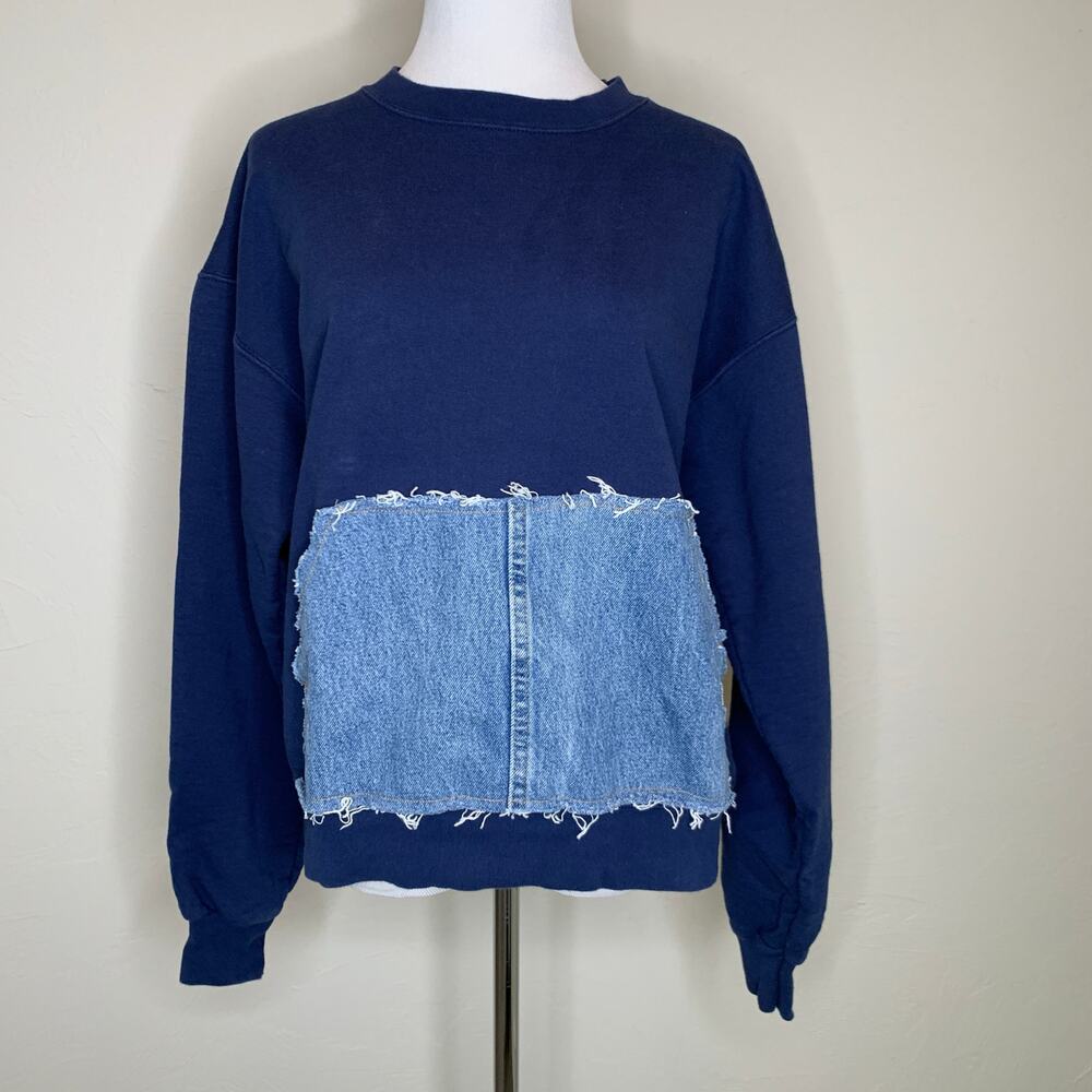 Vintage Blue Crewneck Sweatshirt Denim Pocket Sz Medium Reworked